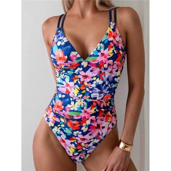 Women Sexy Summer Beach Floral Print V-Neck Slim Fit One-Piece Swimsuit - Picture 1 of 5